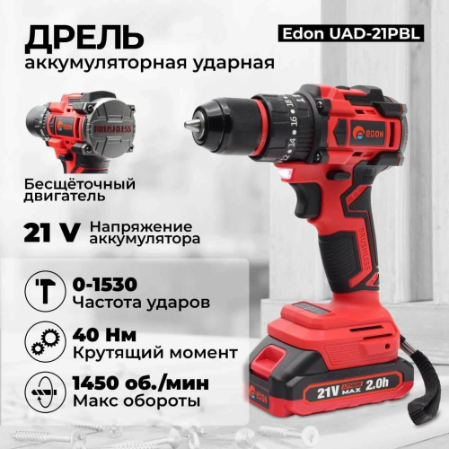 Дрель-шуруповерт EDON UAD-21PBL 2АКБ*2Ач+ЗУ, ударная