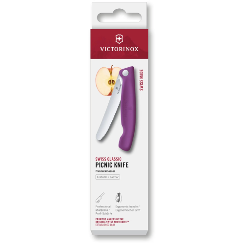 Нож кухонный Victorinox Swiss Classic 6.7835.FC1 стальной столовый лезв.110мм серрейт. заточка пурпурный карт.коробка