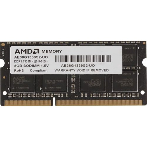 ОЗУ AMD 8GB Radeon DDR3 1333 SO DIMM R338G1339S2S-UO Non-ECC, CL9, 1.5V, Black, Bulk