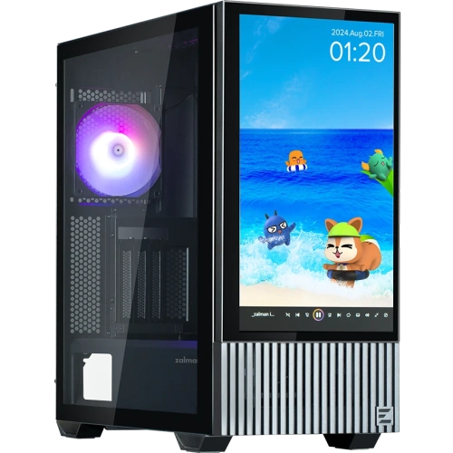 Корпус ZALMAN Z10 DS, ATX, Black, Window, built-in 15.6-inch FHD display, 2x3.5", 2x2.5", 2xUSB3.0, 1xUSB 3.1 Type-C, Front 2x120mm, Rear 1x120mm ARGB