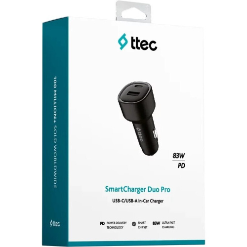 АЗУ TTEC 2CKP04S SmartCharger Duo PD 83W Car Fast Charger USB-C + USB-A Black