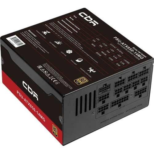 Блок питания CBR PSU-ATX850-14MG 850W, ATX, 80+ Gold, Full Modular, DC-DC, APFC, 24pin, 1*PCIE5.1(12+4pin), 2*8-pin(4+4P), 3*6+2pin, 5*SATA, 14cm fan
