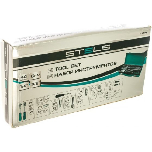 Набор торцевых головок Stels 13575 с трещоткой/1/4"и 3/8"/44 предмета